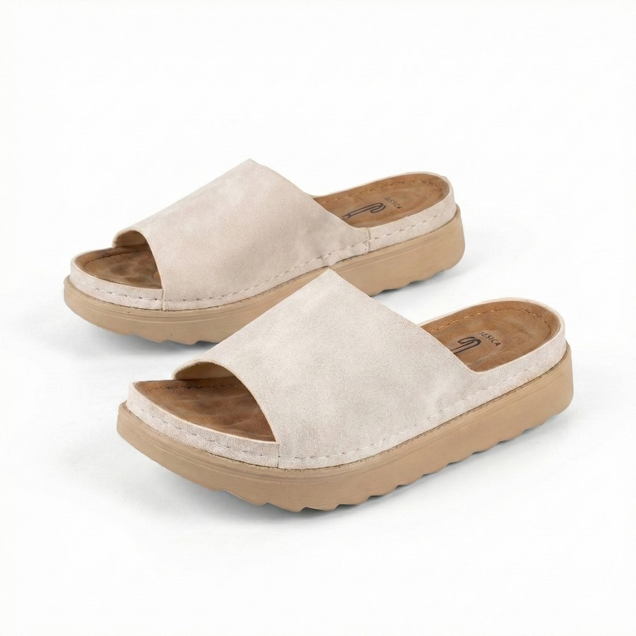 سليبر حريمي شمواه تركي مستورد لون أبيض بفرش طبي ونعل بلوتان طبي بارتفاع 3 سم